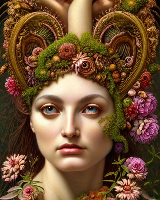 Image similar to portrait of the goddess of growth and decay, unusual beauty, flowers and plants, emotionally evoking symbolic metaphors, head in focus, fantasy, ornamental, intricate, elegant, sensual, highly detailed digital painting, artstation, concept art, painterly, golden ratio, sharp focus, illustration, art by John William Godward and Boris Vallejo and Zdzisław Beksiński,