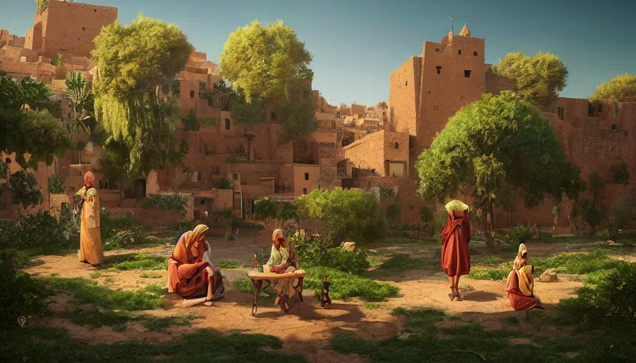 Image similar to very very small moroccan village, sitting on a gigantic green leaf by ilya kuvshinov, rtx rendering, octane render 1 2 8 k, maya, extreme high intricate details by tom bagshaw, medium shot, close up shot, composition by sana takeda, lighting by greg rutkowski