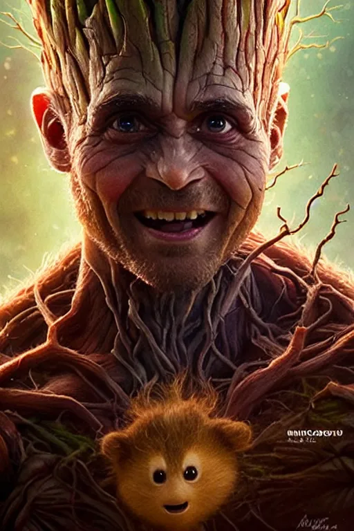 Image similar to Rahul Gandhi as groot, groot costume, Rahul Gandhi hairstyle, Groot body type, Rahul Gandhi Face, calm, cute, portrait, baby figure, highly detailed, digital painting, artstation, concept art, smooth, sharp focus, illustration, cinematic lighting, art by artgerm and greg rutkowski and alphonse mucha