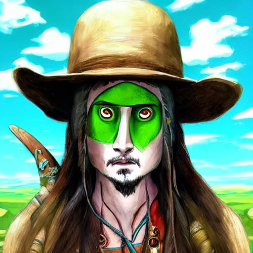Prompt: “John Depp, portrait!!! Mononoke-hime style, cartoon, blue sky with white clouds green hills and mountains on the background, fantasy, photorealistic, concept Art, ultra detailed portrait, 4k resolution”
