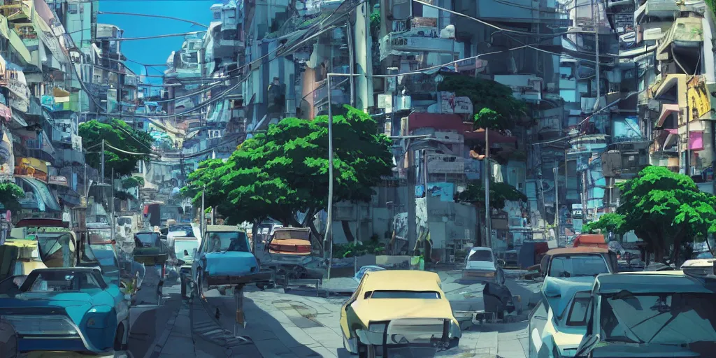 Image similar to rio de janeiro streets in an anime film, directed by makoto shinkai, cinematic, key visual, highly detailed, sharp focus