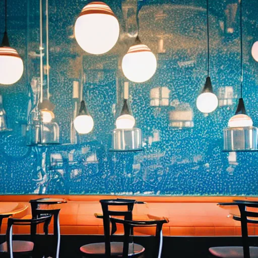 Image similar to inside of a diner with jellyfish lampshades, cozy lighting, late night, photo