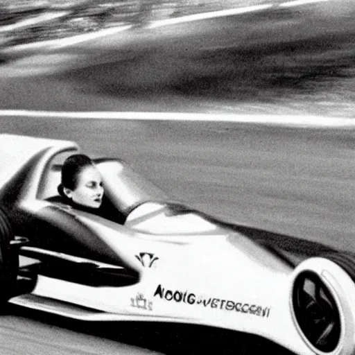 Image similar to a photo of queen elizabeth driving a formula 1 car, photorealistic