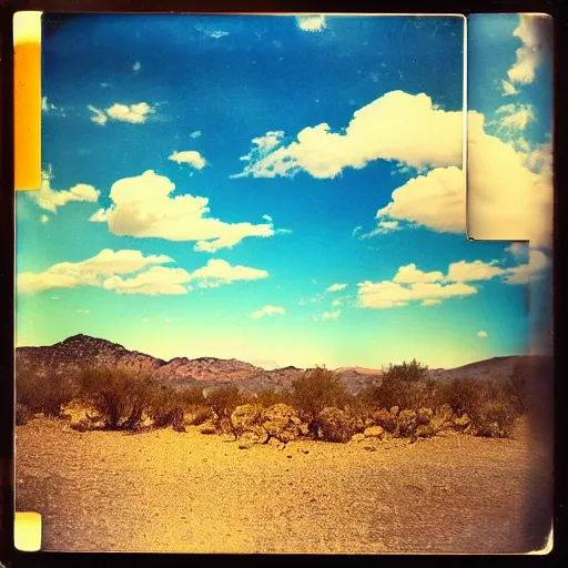 Prompt: instant photograph of the sky, polaroid, raw, beautiful, nostalgic, light leak, blue sky, clouds, desert forest