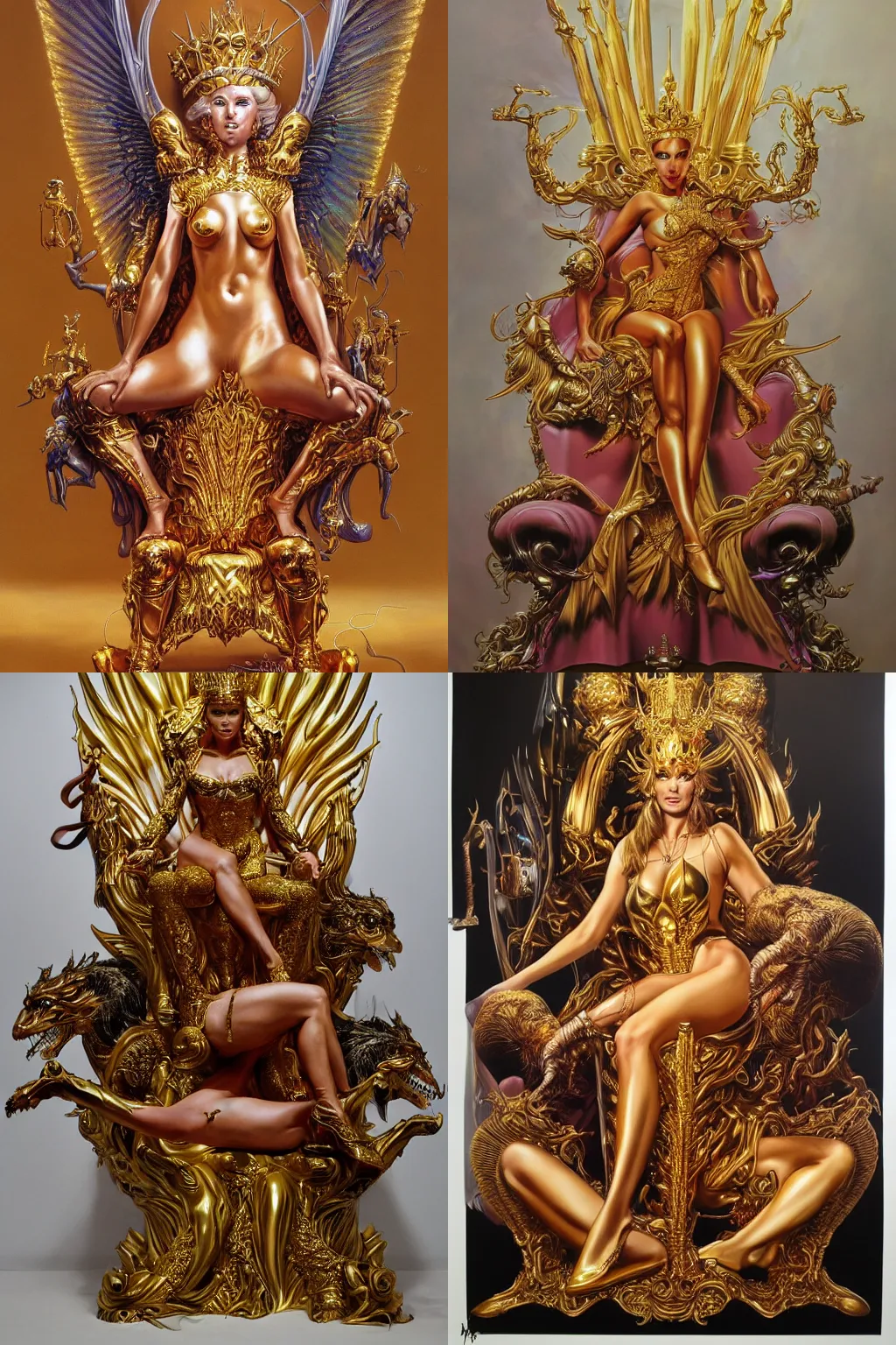 Prompt: airbrush painting of an amazing golden queen seated over a fantasy throne, by hajime sorayama and boris vallejo, realistic, hyperdetailed, centered, trending on artstation,