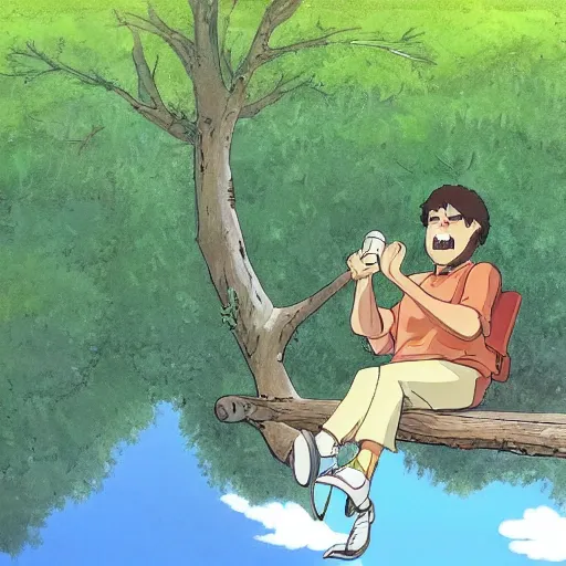 Image similar to gabriel boric sitting at a tree made by studio ghibli, detail, high quality, detailed, beautiful scene, smooth, relaxing