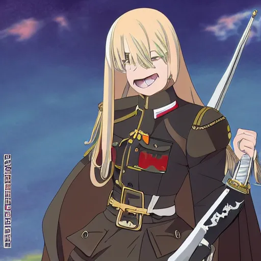 Prompt: oung princess with long blond hair in a German military uniform stands in the cathedral with a sword, in the style of anime, by Otomo Katsuhiro, HD, 8K