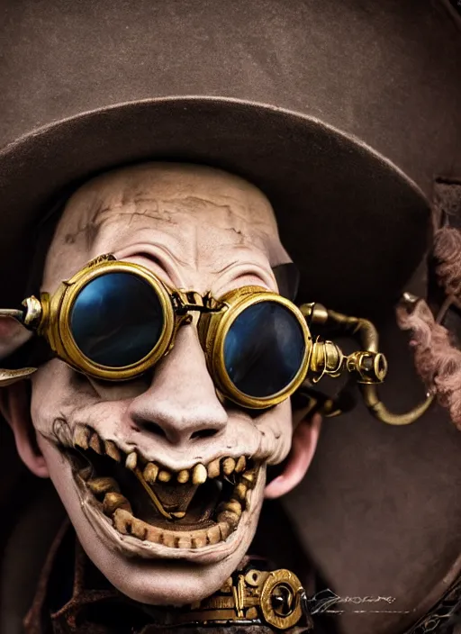 Image similar to closeup portrait of a steampunk medieval goblin wearing a top hat and goggles, depth of field, zeiss lens, detailed, symmetrical, centered, fashion photoshoot, by Annie Leibovitz and Steve McCurry, David Lazar, Jimmy Nelsson, Breathtaking, 8k resolution, extremely detailed, beautiful, establishing shot, artistic, hyperrealistic, beautiful face, octane render