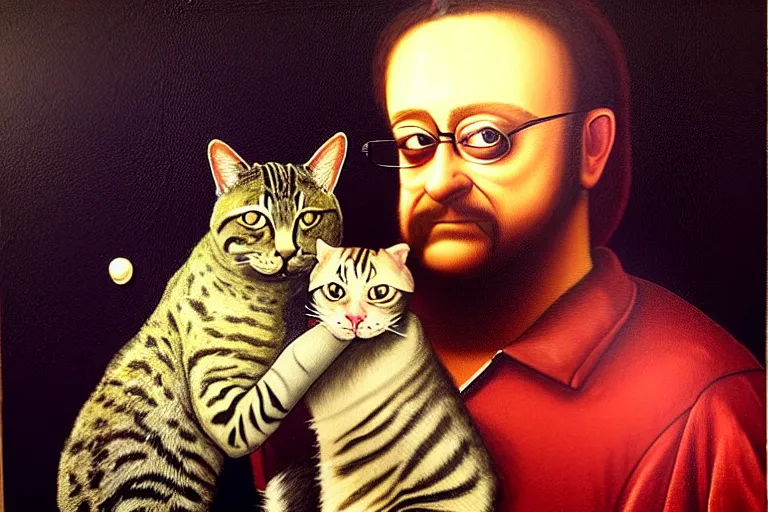 Image similar to a portrait of bubbles from trailer park boys holding a cat. oil painting by leonardo da vinci