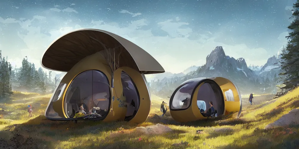 Image similar to cabela's beautiful comfortable futuristic pop up insulated all terrain family pod, cabin, modular, person in foreground, mountainous forested wilderness open fields, beautiful views, painterly concept art, joanna gaines, environmental concept art, farmhouse, magnolia, concept art illustration by ross tran, by james gurney, by craig mullins, by greg rutkowski trending on artstation