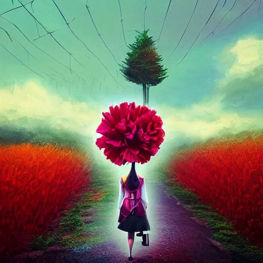 Image similar to giant carnation flower head, girl in a suit, on a path, surreal photography, sunrise, dramatic light, impressionist painting, digital painting, artstation, simon stalenhag