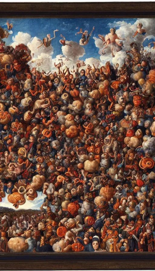 Prompt: Johfra bosschart painting of a bunch of people floating in the sky