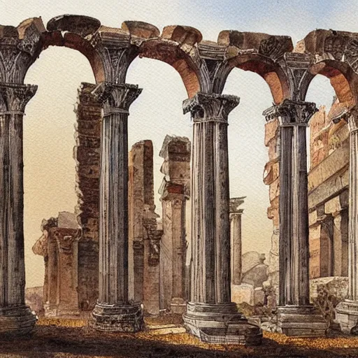 Image similar to detailed 1 9 th century architectural watercolor illustration of ornate hellenistic ruins