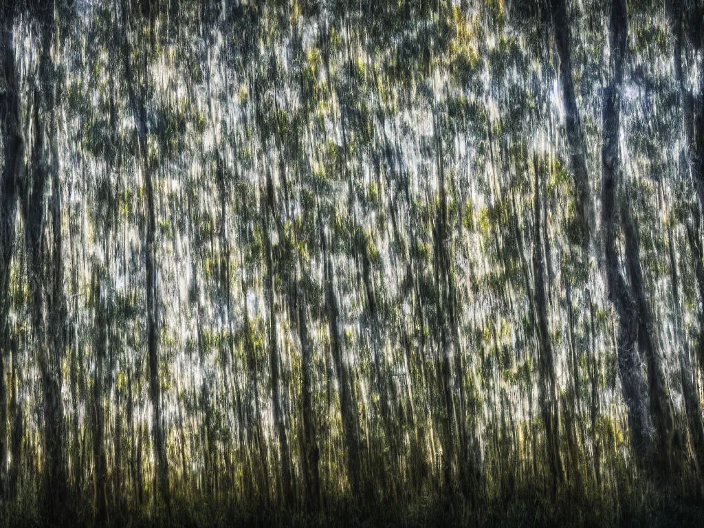 Image similar to double exposure photograph of tens of eucalyptus trees, flash exposure, autumn, in the style of edward steichen and pollock, sony ar 7 ii