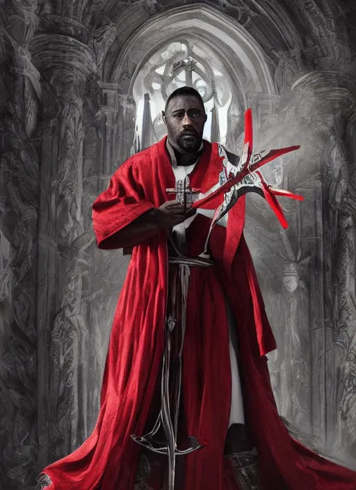 Image similar to a highly detailed illustration of idris elba as a sadistic sharp white haired priest wearing red and white robe, dramatic smiling wielding bloody cross pose, gothic church background, intricate, elegant, highly detailed, centered, digital painting, artstation, concept art, smooth, sharp focus, league of legends concept art, wlop