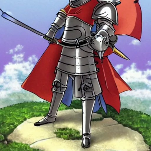 Image similar to a medieval anime knight in the style of studio ghibli