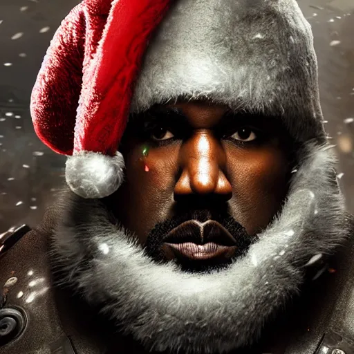 Image similar to Kanye West as santaclaus in 'Gears of War', splash art, movie still, cinematic lighting, detailed face, dramatic, octane render, long lens, shallow depth of field, bokeh, anamorphic lens flare, 8k, hyper detailed, 35mm film grain