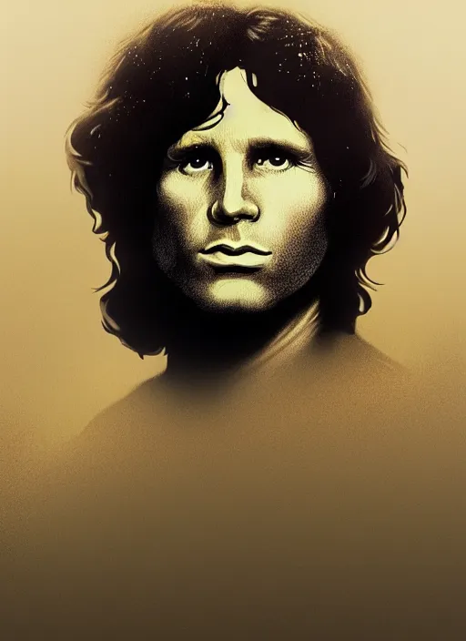 Image similar to jim morrison in real life, face centered portrait of jim morrison, confident, fog, rain, volumetric lighting, beautiful, golden hour, sharp focus, ultra detailed, cgsociety by leesha hannigan, ross tran, thierry doizon, kai carpenter, ignacio fernandez rios, noir art house, 4 k, 3 5 mm, fujifilm