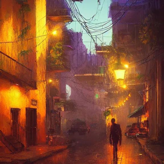 Image similar to Downtown Mexico, string lights, colorful lighting, night, by Tooth Wu, by Lienzo Óleo Paisaje, by Greg Rutkowski