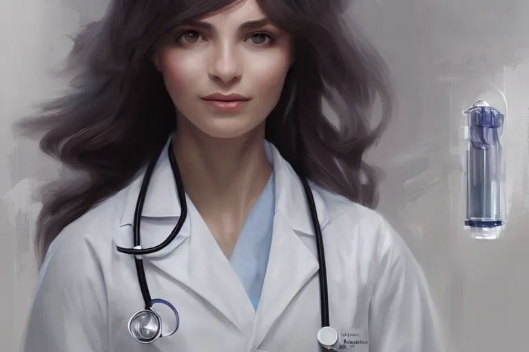 Prompt: a full portrait of an elegant and beautiful female doctor in a white coat in a hospital ward, cinematic, highly detailed, digital painting, artstation, concept art, matte, sharp focus, illustration, art by artgerm and greg rutkowski