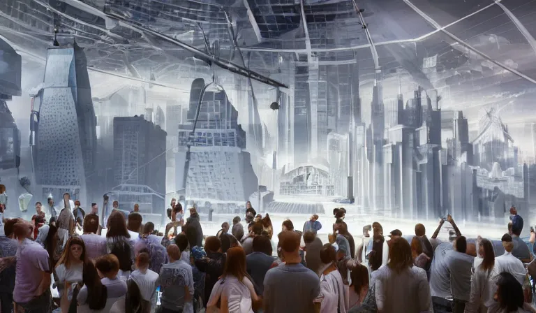 Image similar to crowd of people in simple white museum, looking at hologram of futuristic city on a table, cinematic concept art, godrays, golden hour, natural sunlight, 4 k, clear details, tabletop model buildings, center model buildings, hologram center, crane shot, crane shot, crane shot, white walls