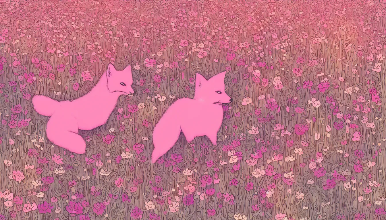 Image similar to pink fox in a field of flowers by Kilian Eng, minimalist, detailed