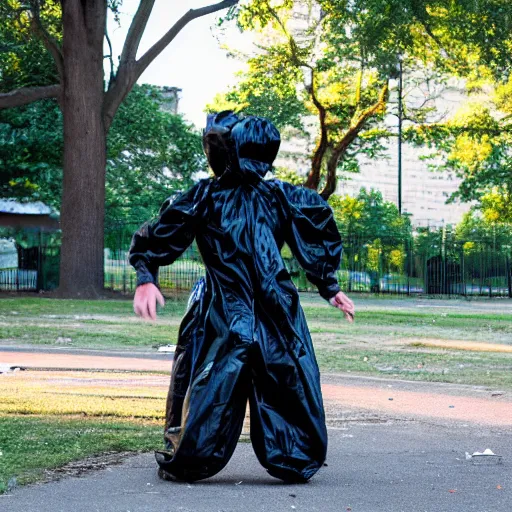 Prompt: a monster made from scraps of garbage bags dances at night in an old park