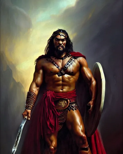 Image similar to beautiful portrait oil painting, jason momoa conan the barbarian standing in a dungeon wearing a crown and royal crimson spartan armor enthroned as the god emperor of ancient rome, action pose, frank frazetta, boris vallejo, greg rutkowski, beautiful cinematic light, american romanticism, by thomas lawrence, greg rutkowski