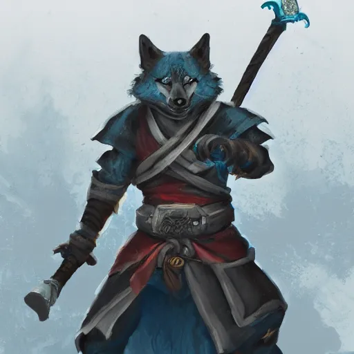 Image similar to anthropomorphic Azure samurai wolf, DnD character art portrait, fantasy battleground, raining, fire, oil painting, heroic pose, magic the gathering artwork, D&D, fantasy, cinematic lighting, centered, symmetrical, highly detailed, digital painting, artstation, concept art, smooth, sharp focus, illustration, volumetric lighting, epic Composition, 8k, art, DeviantArt, trending on Artstation, Jason Felix, Steve Argyle, Tyler Jacobson, Peter Mohrbacher, Akihiko Yoshida, Greg Rutkowski, Craig Mullins, Frank Frazetta, cinematic lighting