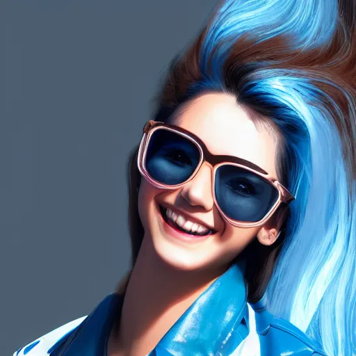 Prompt: closeup painting of a very beautiful young mexican cyberpunk woman smiling, wearing light blue shades and a leather jacket, one side haircut, long brown hair with light blue ends, portrait, hyperdetailed, artstation, cgsociety, 8 k