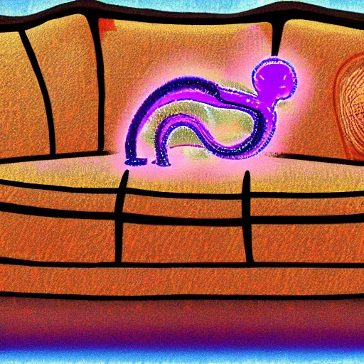 Image similar to couch sofa chesterfield flying through space psychedelic trippy eldritch horror cartoon