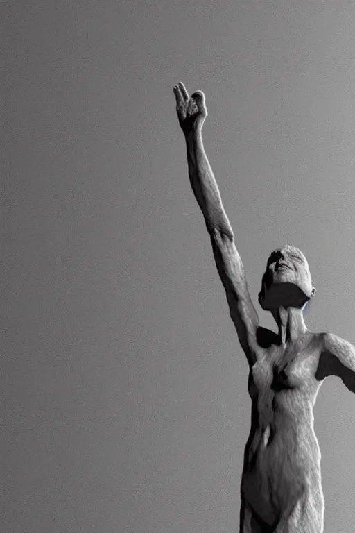 Prompt: delicate woman raising her hands looking to the sky, 3 d model statue by giacometti, intricate, highly detailed, hyper realistic, soft shadow