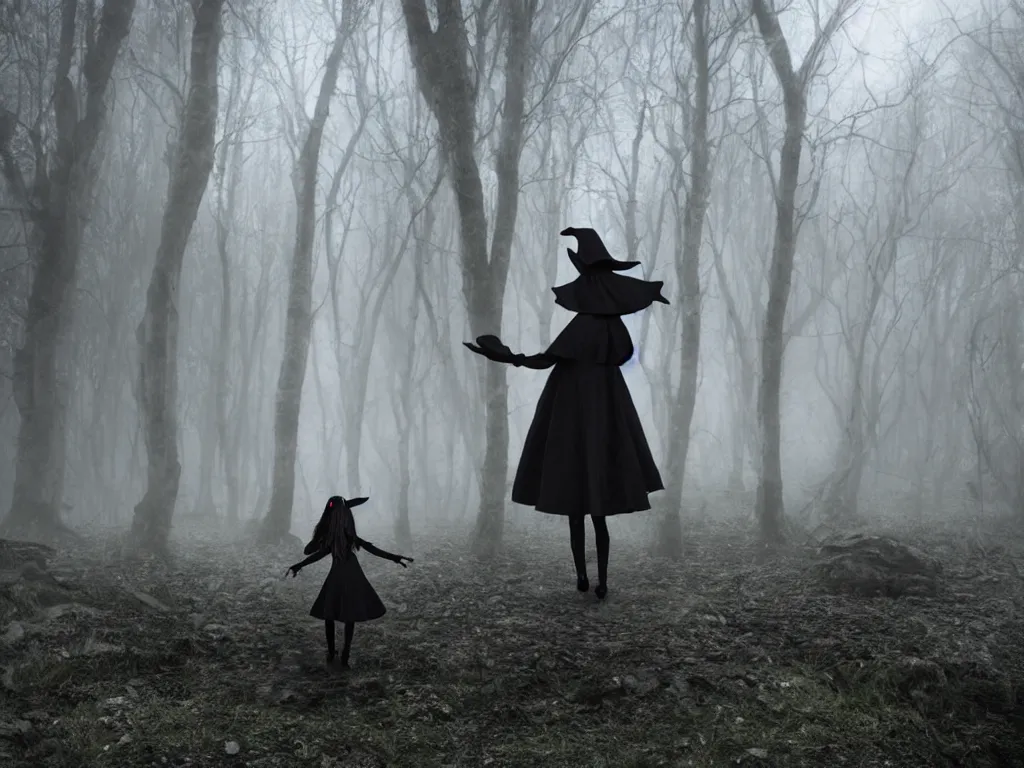 Image similar to cute gothic fumo plush witch girl ventures deep into the forbidden forest, black and white, ancient pagan monument summoning circle, volumetric fog and smoke, the bog of dark abyss, vray