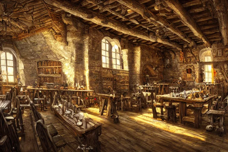 Image similar to A medieval tavern viewed from the inside, texture, intricate, details, highly detailed, masterpiece, architecture, building, trending on artstation, focus, sharp focus, concept art, digital painting, fantasy, sunny, day, midday