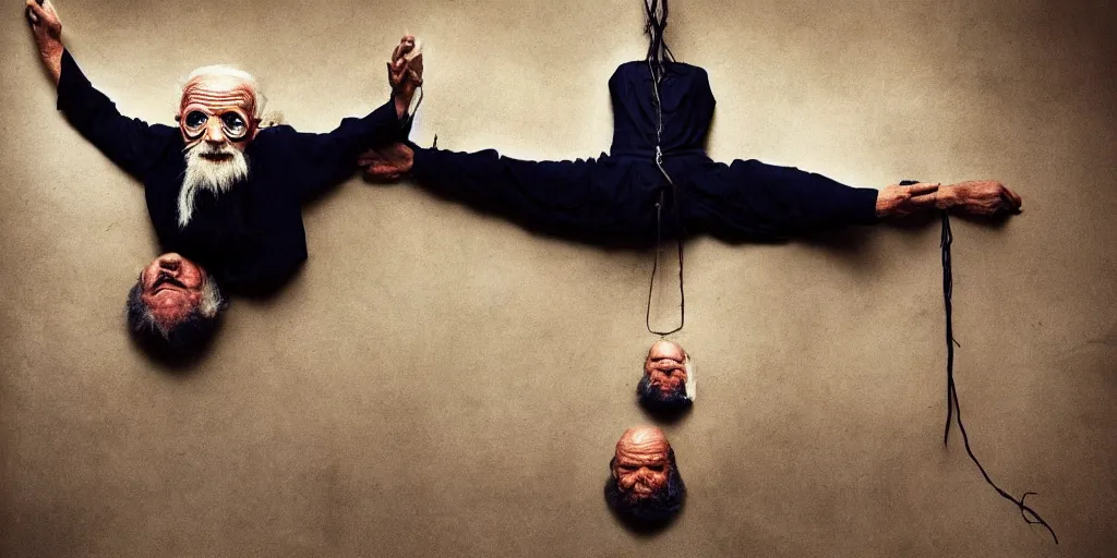 Image similar to a old man with 3 heads and 6 eyes, long hair, hanging upsidedown by annie leibovitz