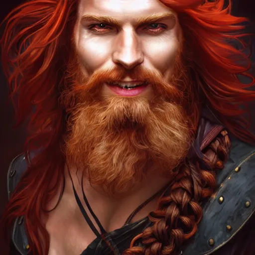 Prompt: portrait of a young ruggedly handsome but joyful pirate, male, masculine, upper body, red crimson hair, long hair, fantasy, devious smirk, intricate, elegant, highly detailed, digital painting, artstation, concept art, matte, sharp focus, illustration, art by artgerm and greg rutkowski and alphonse mucha