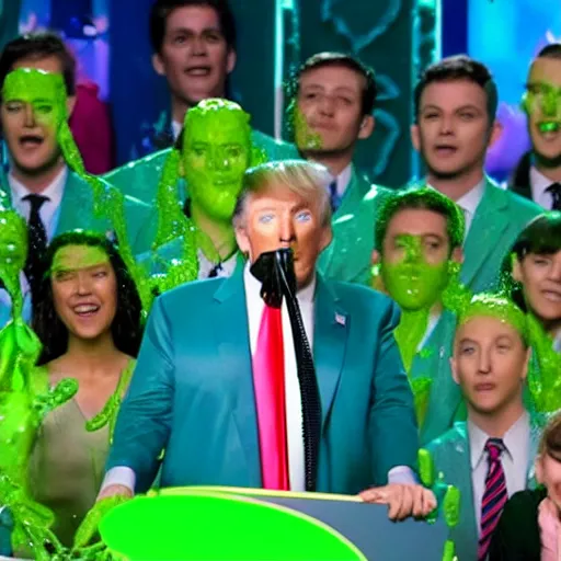 Image similar to donald trump making a speech while being slimed on nickelodeon kids choice awards, green slime, photography, cinematic shot,