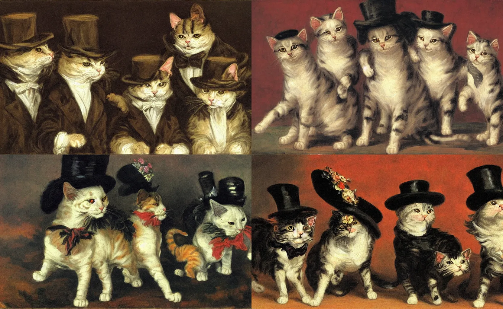 Prompt: impressionistic painting of cerberus as a cat with three heads, wearing several top hats and ties in the style of Francisco Goya and Frans Snyders