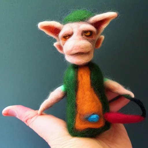 Prompt: a needle felted goblin, needle felting art.