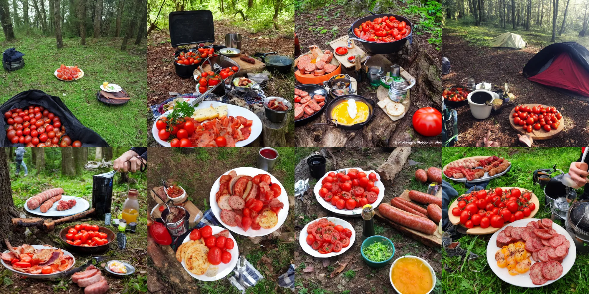 Prompt: Tomatoes, sausages, nice crispy bacon, hobbit breakfeast camping in the woods