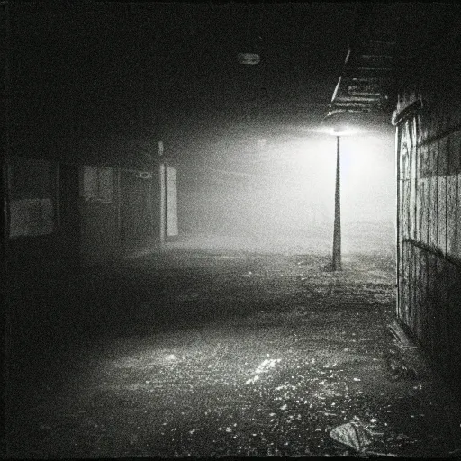 Image similar to A liminal expired 35mm photograph of Silent Hill 2, flash photography