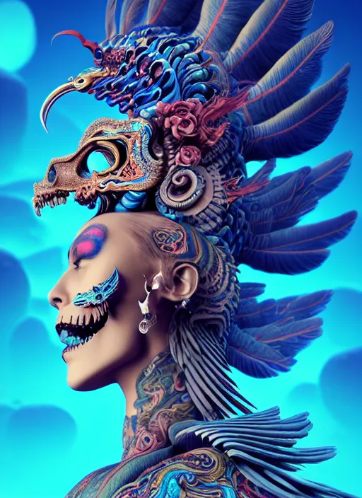 Image similar to 3 d goddess with tattoos profile portrait, sigma 5 0 0 mm f / 5. beautiful intricate highly detailed quetzalcoatl skull and feathers. bioluminescent, plasma, lava, ice, water, wind, creature, thunderstorm! artwork by tooth wu and wlop and beeple and greg rutkowski, 8 k trending on artstation,