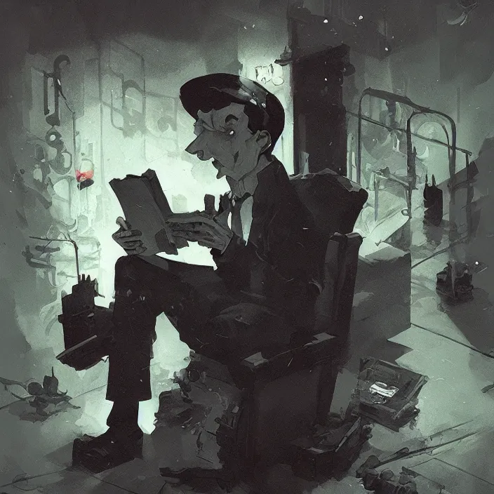 Image similar to a duotone comic noir illustration painting of hp lovecraft reading necronomicon by sachin teng and sergey kolesov and ruan jia and heng z. graffiti art, sci fi, fantasy art, hyper detailed. octane render. trending on artstation