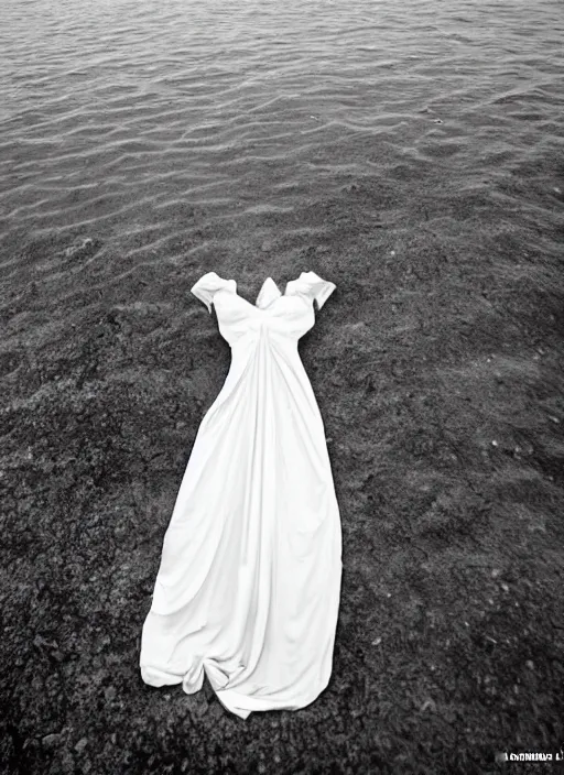 Prompt: long female dress abandoned on the bottom of the sea