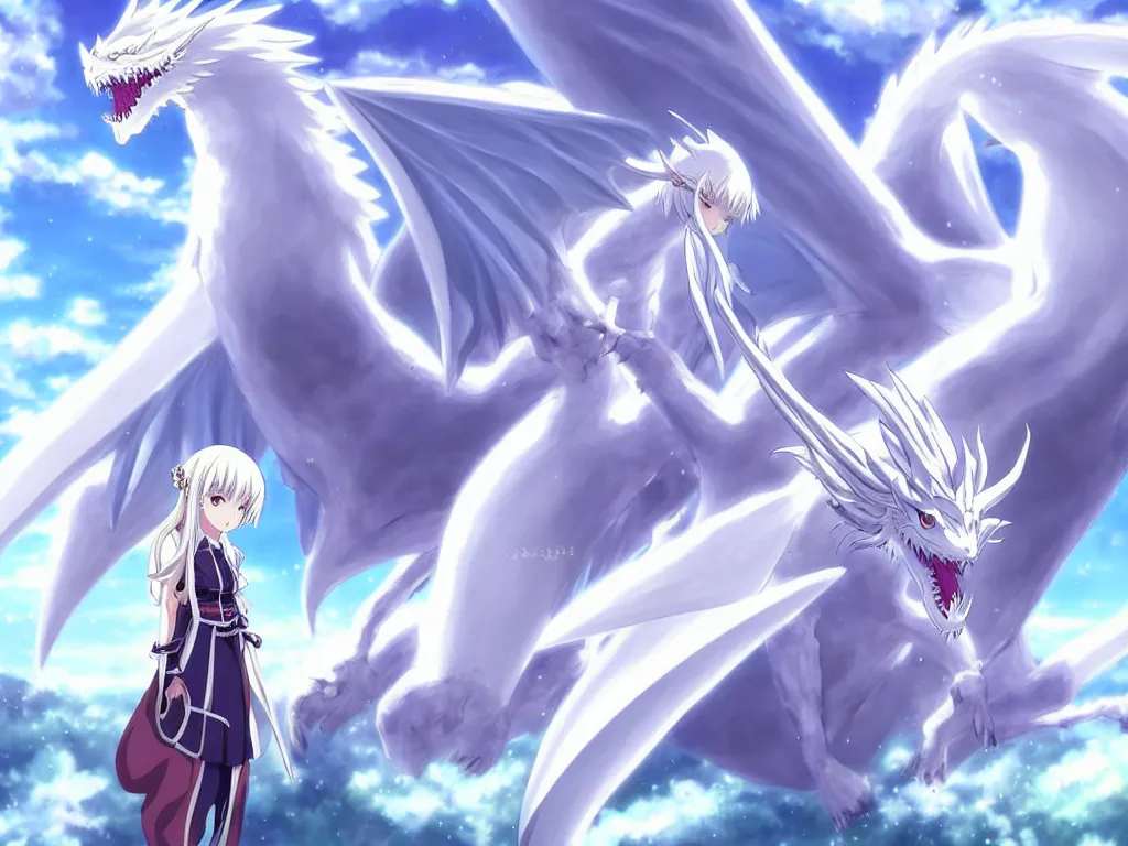 Image similar to anime art full body portrait character concept art, be surrounded by a huge silver white dragon center, in white clouds fairyland, anime key visual of white dragon and girl, finely detailed perfect face delicate, raphael lacoste, trending on pixiv fanbox, james jean, violet evergarden, studio ghibli, xision, extremely high quality artwork