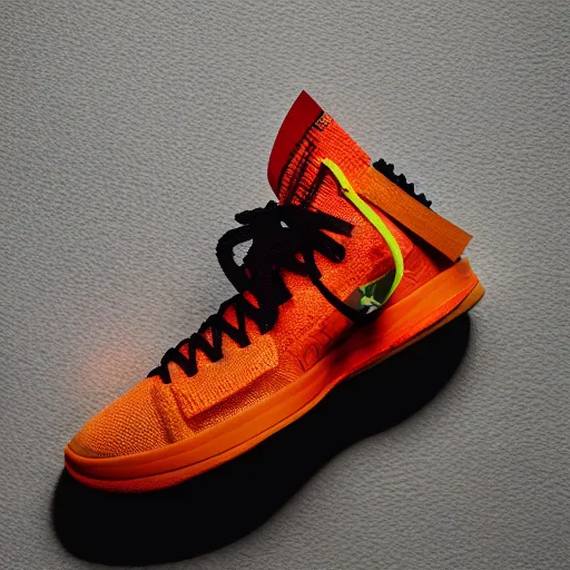 Image similar to a studio photoshoot of Nike Off-white Lebron sneakers designed by Virgil Abloh, knitted mesh material, gum rubber outsole, realistic, color film photography by Tlyer Mitchell, 35 mm, Graflex