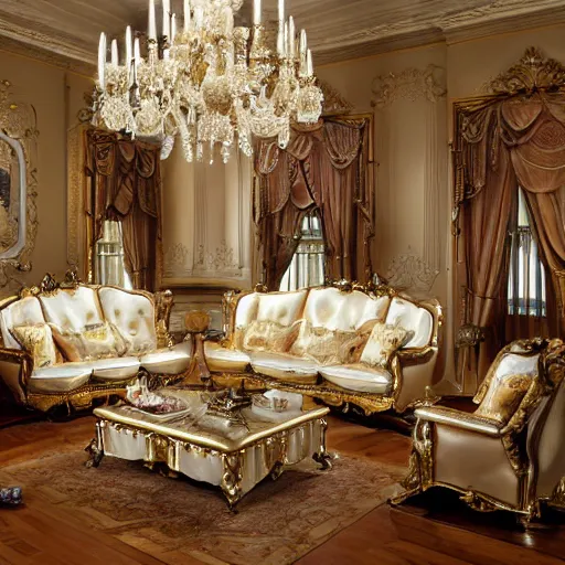 Image similar to Baroque style living room with a sofa made of swiss cheese