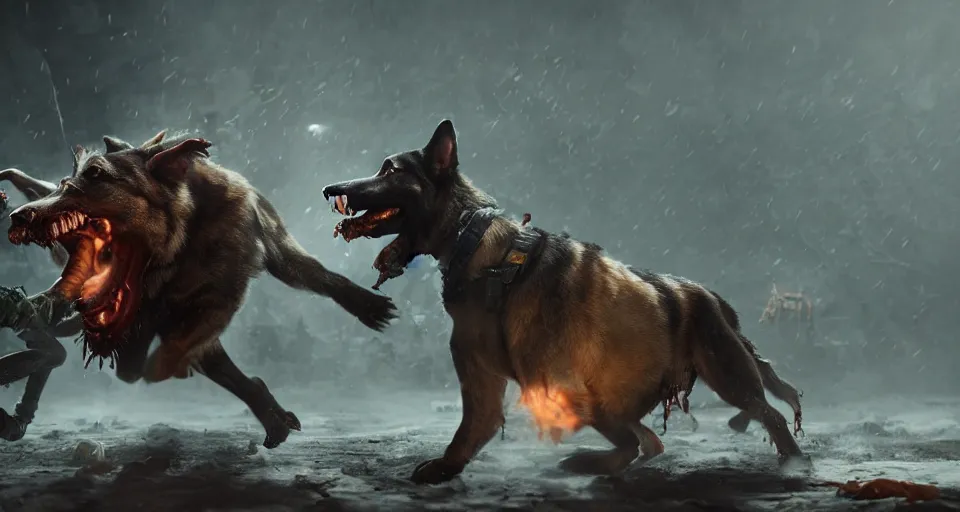 Image similar to the german shepherd of I am legend in new york attacking a zombie, foam around the teeth, octane render, unreal engine, style of peter mohrbacher, 8k highly detailed