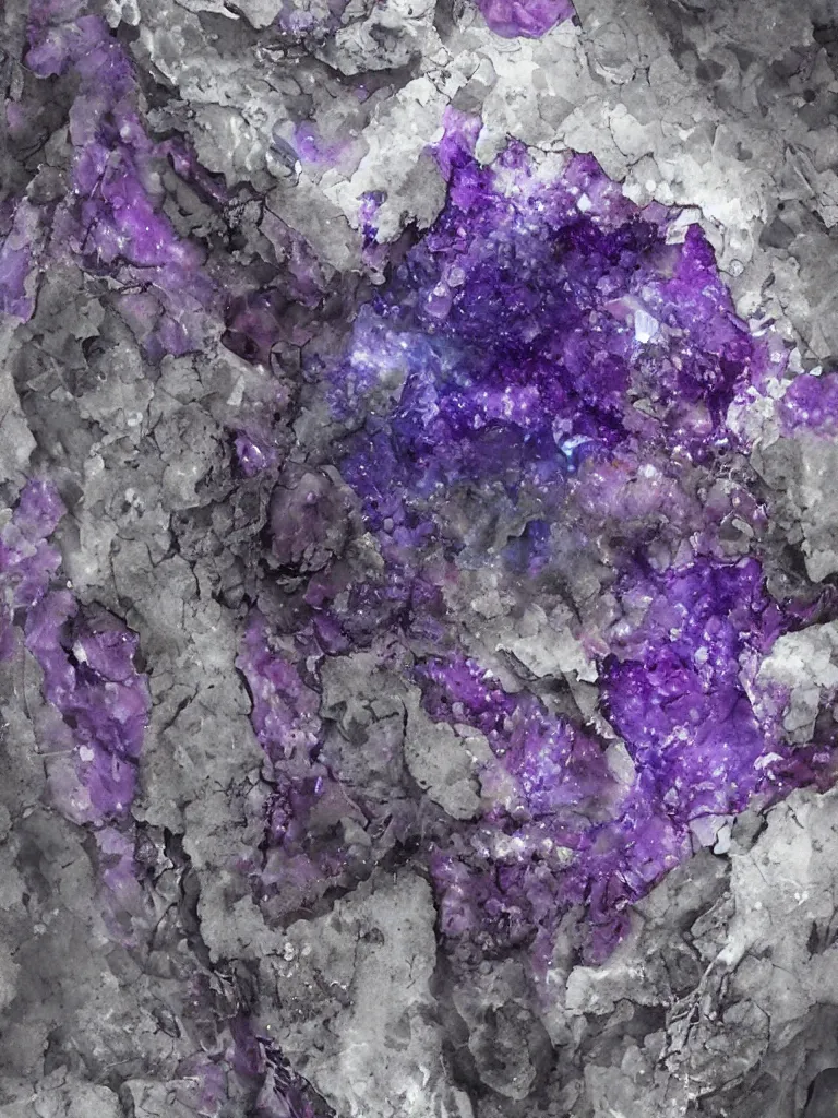 Image similar to big purple sapphire crystal gems embedded, worn decay texture, intricate concept art painting, fantasy, nature grotesque dark