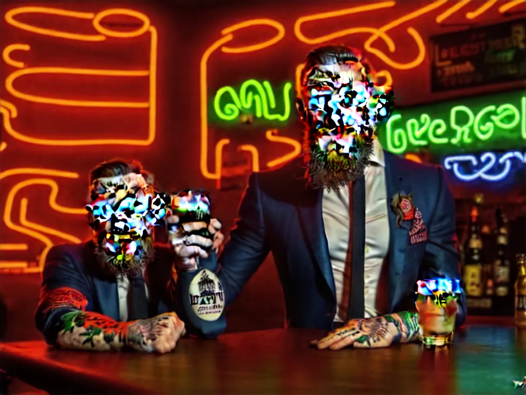 Prompt: a well framed portrait of conor mcgregor drinking a beer in an irish pub with a neon bar, laser lighting, trending on art station, in the style of the movie heat with al pacino, volumetric lighting & shadows, hyper detailed, digital art, unreal engine, 4 0 0 mm f 1. 8,